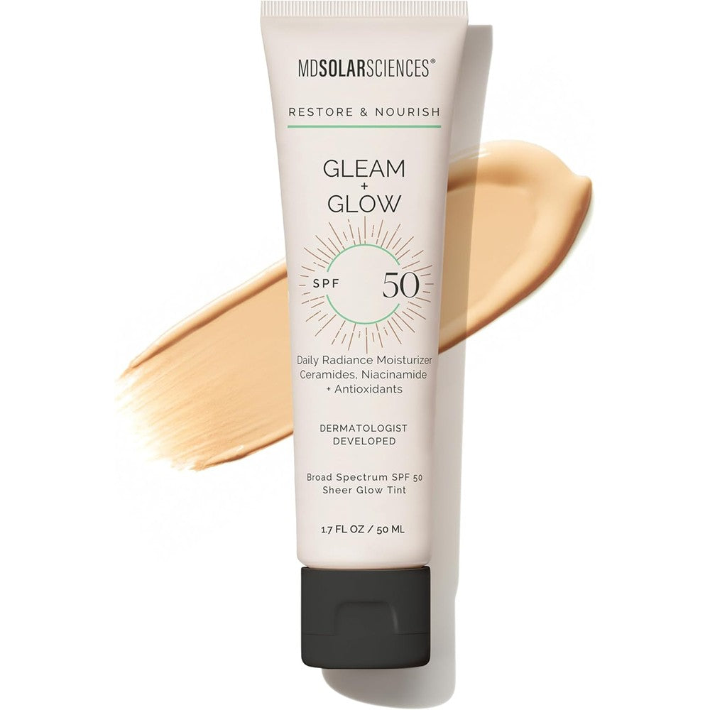 MDSolarSciences Gleam & Glow Sunscreen SPF 50 sheer tinted moisturizer for a dewy finish