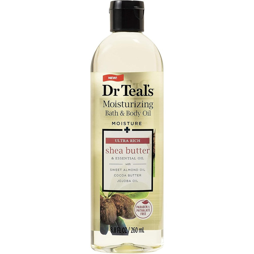Dr Teal's Moisturizing Bath And Body Oil with Shea Butter And Almond Oil front view bottle for dry skin hydration