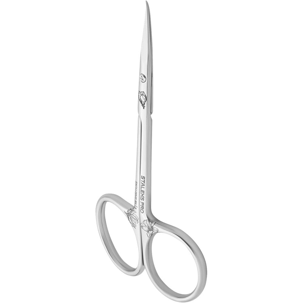 STALEKS PRO Exclusive 21 Type 1 cuticle scissors front view showing magnolia engraving