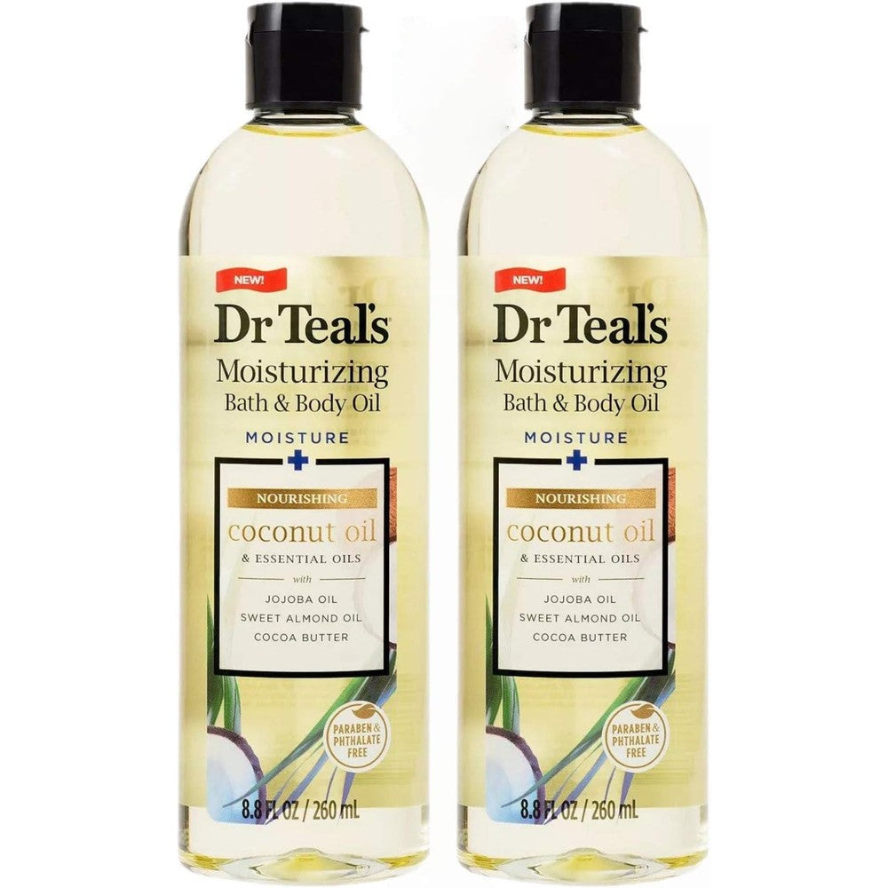 Dr Teal's Coconut Bath and Body Oil Gift Set front view showcasing the two pack bottles for full body hydration.