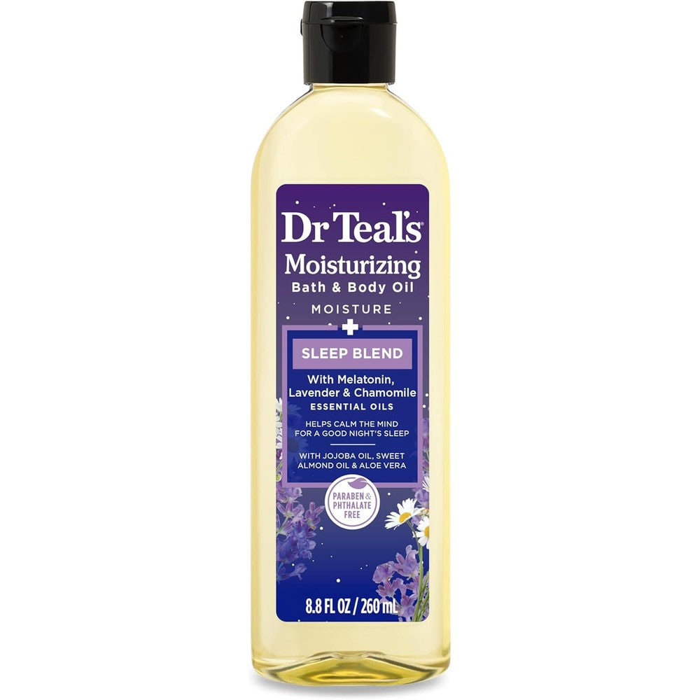 Dr Teal's Moisturizing Bath And Body Oil Sleep Blend front view showing 8.8 fluid ounce packaging for dry skin hydration