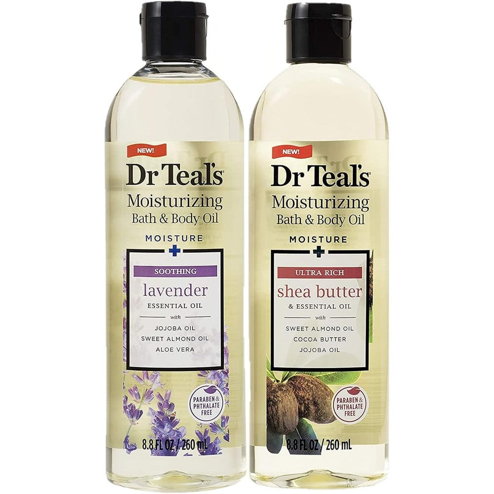 Dr. Teal's Bath and Body Oil Variety Gift Set front view showcasing lavender and shea butter bottles for intensive body moisturization.