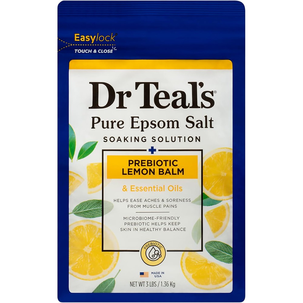 Dr Teal's Prebiotic Lemon Balm Epsom Salt Soak front view of packaging for muscle recovery