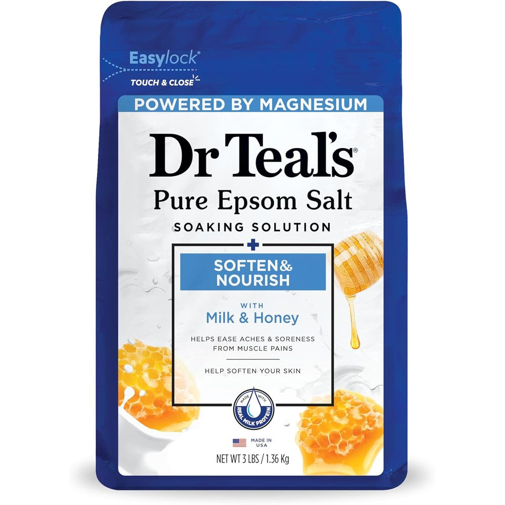 Dr. Teal's Epsom Salt Soaking Solution Milk and Honey front view package for muscle recovery