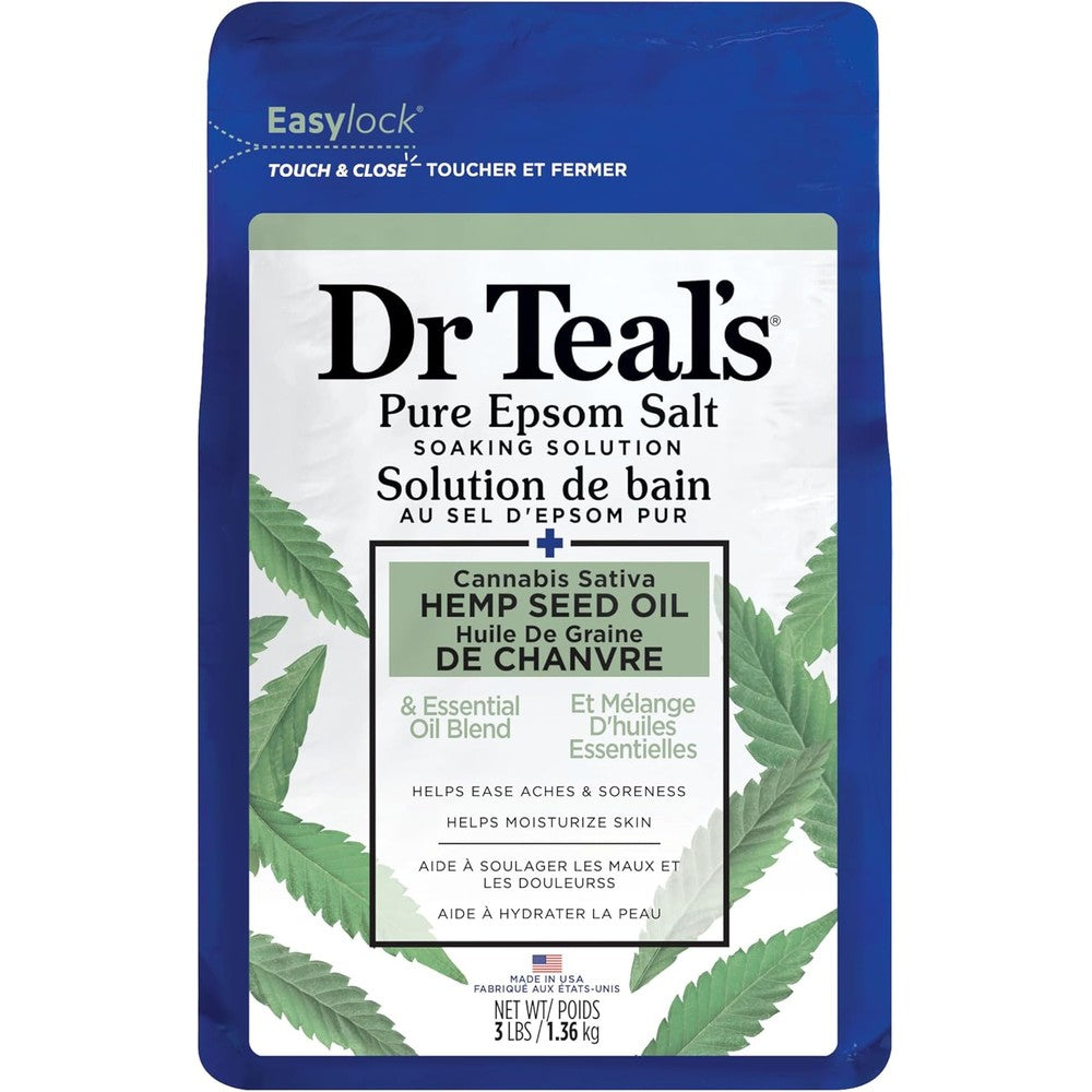 Dr Teal's Pure Epsom Magnesium Salt Soak Cannabis Sativa Hemp Seed Oil front view packaging