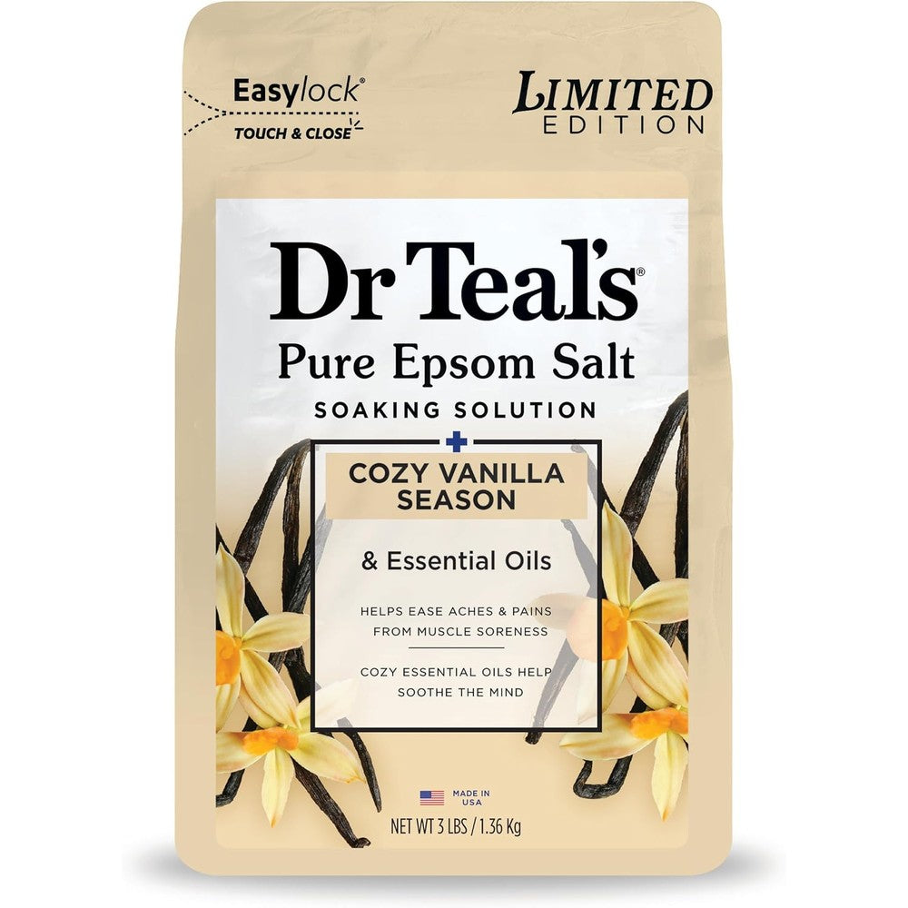 Dr Teal's Epsom Salt Magnesium Soak Cozy Vanilla Season 3 pounds front view bag for muscle relaxation.