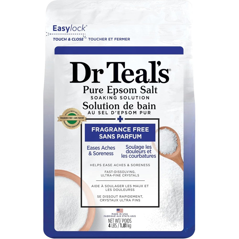 Dr Teal's Pure Epsom Salt Magnesium Soak Fragrance Free 4 pounds front view bag on a white background