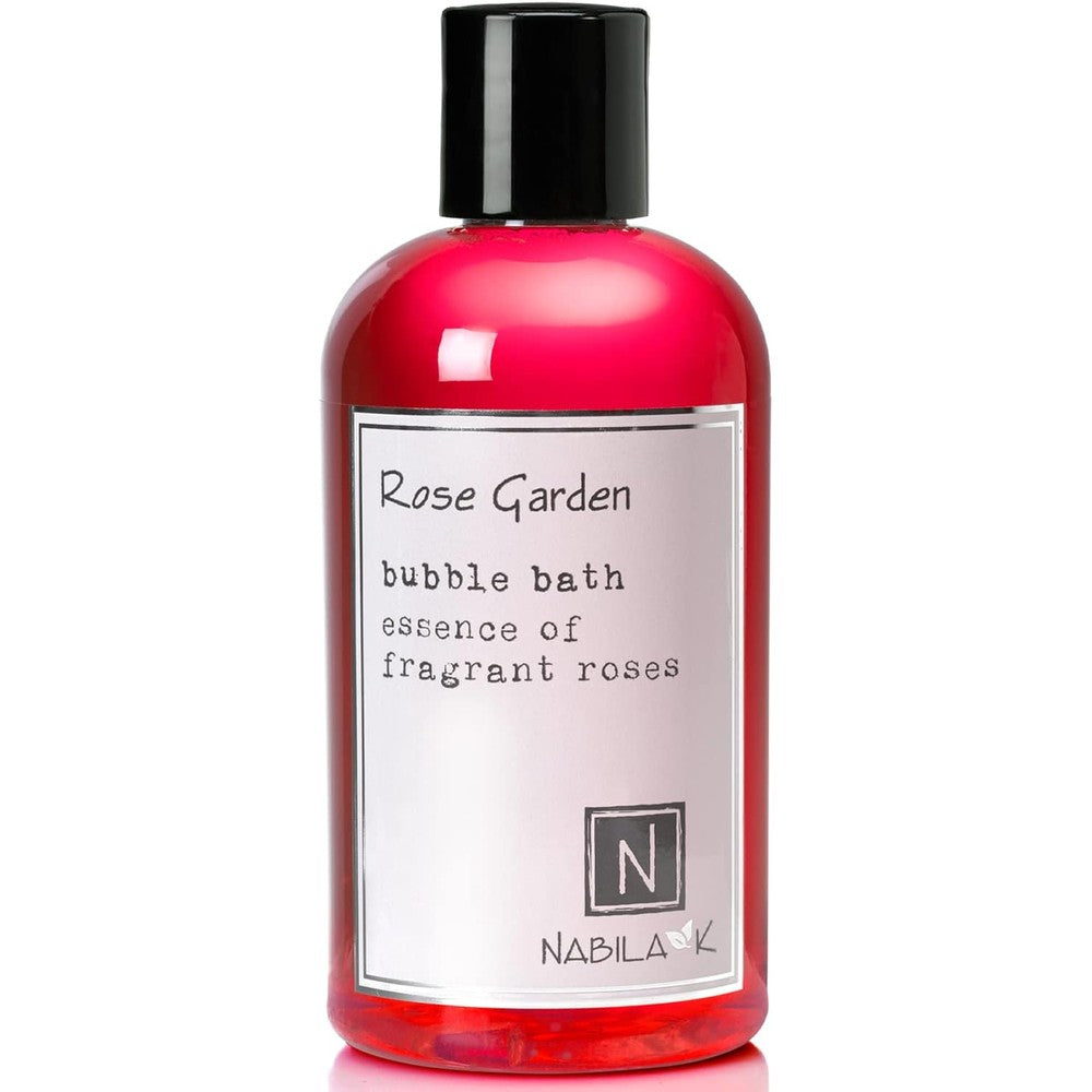 Nabila K Rose Garden Bubble Bath front view red bottle with black cap