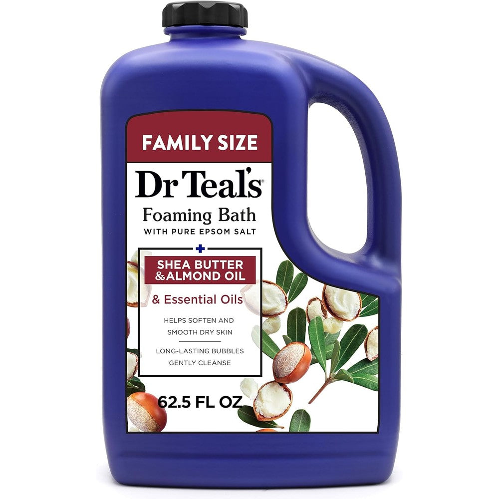 Dr Teal's Foaming Bath Pure Epsom Salt Shea Butter and Almond Oil 62.5 Fluid Ounce front view bottle for muscle relief
