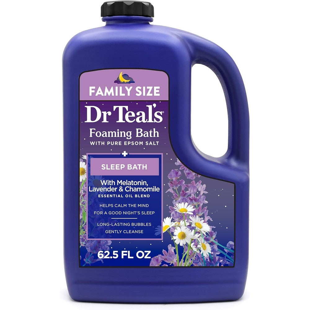 Dr Teal's Foaming Bath Sleep Blend Melatonin 62.5 Fluid Ounces front view showing authentic packaging.
