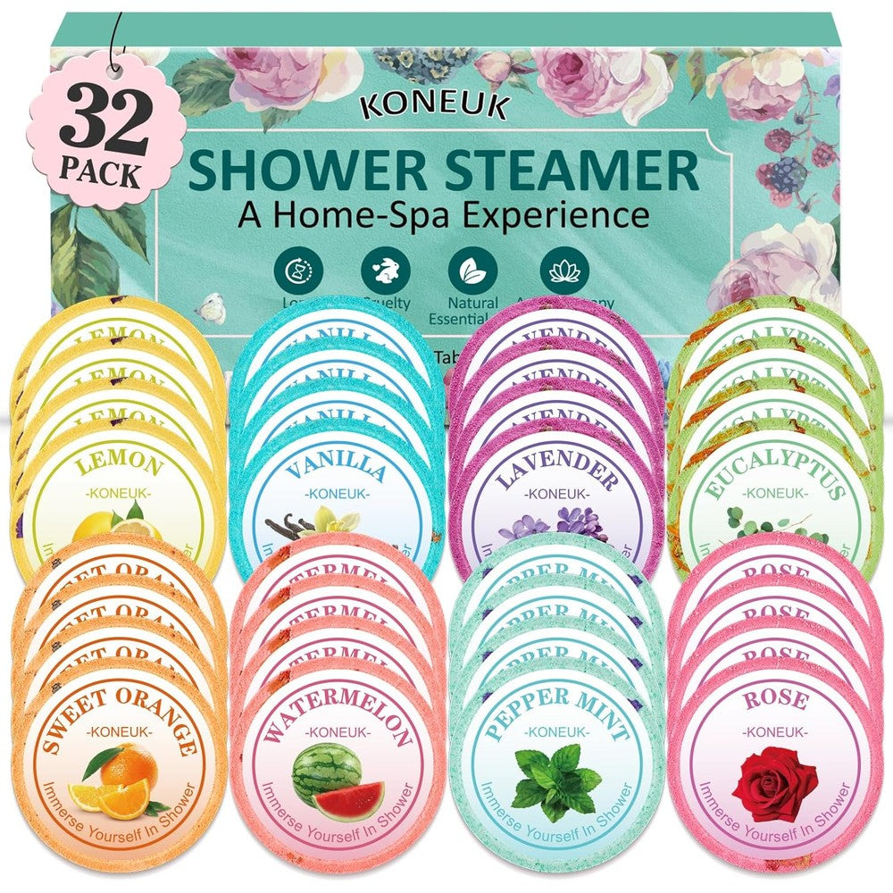 KONEUK 32 Pack Shower Steamers Aromatherapy gift set with 8 different essential oil scents