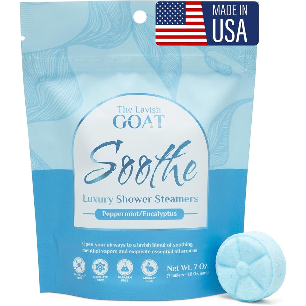 The Lavish Goat Soothe Shower Steamers 7 Pack front packaging view showing menthol and eucalyptus graphics.