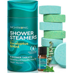 NightKong Shower Steamers Aromatherapy Eight Pack front view showing the product packaging and premium essential oil dropper bottle.