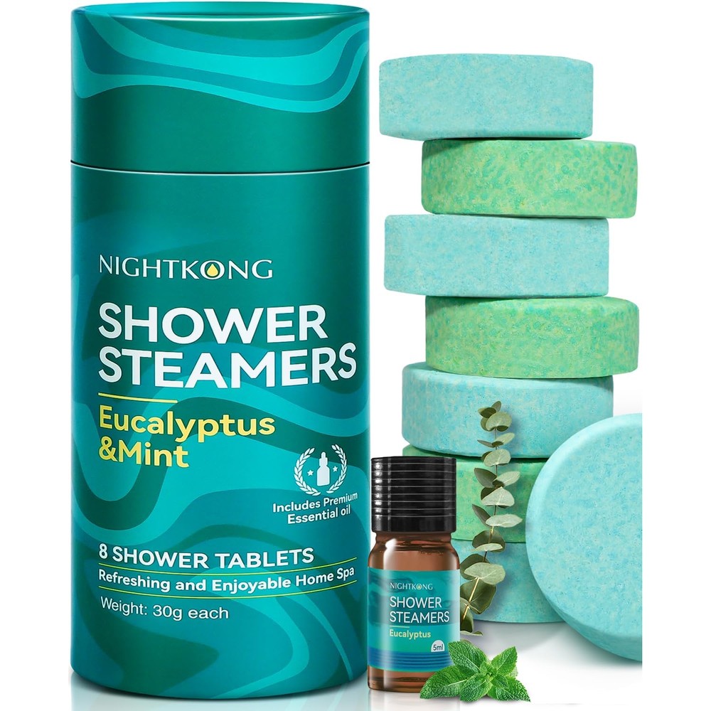 NightKong Shower Steamers Aromatherapy Eight Pack front view showing the product packaging and premium essential oil dropper bottle.