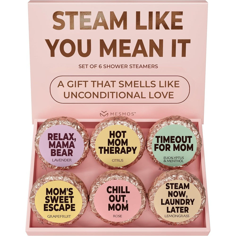 MESMOS 6 Assorted Shower Steamers Aromatherapy gift box front view showcasing wellness packaging.