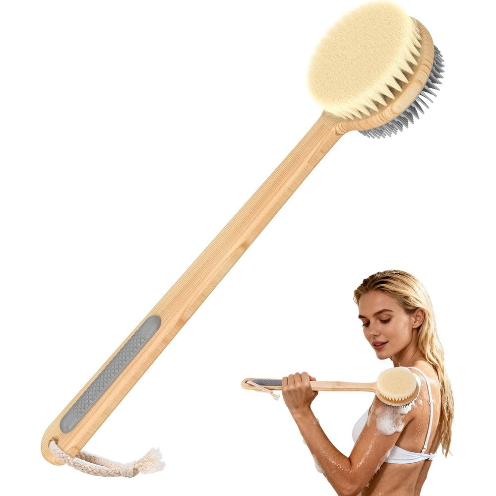 VWMYQ double-sided bamboo back scrubber front view for shower exfoliation.