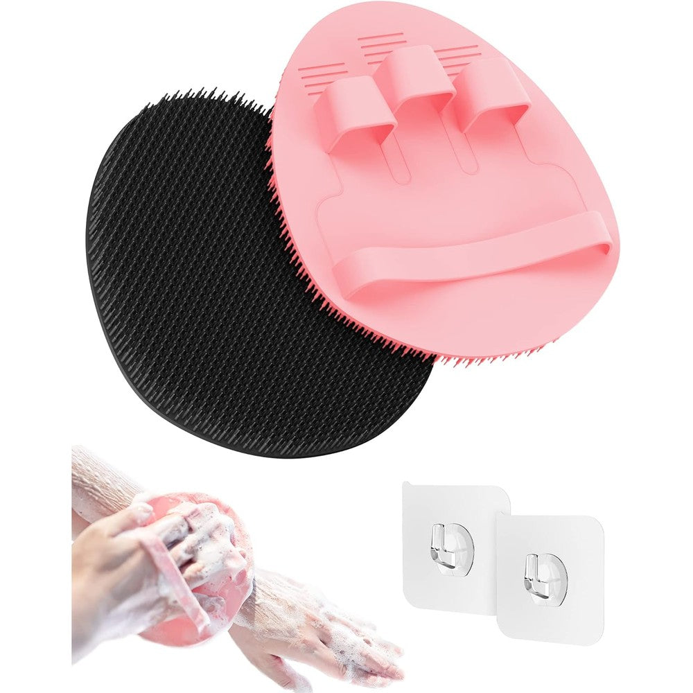 Manmihealth Soft Silicone Shower Brush front view showing black and pink body scrubbers with hanging hooks.