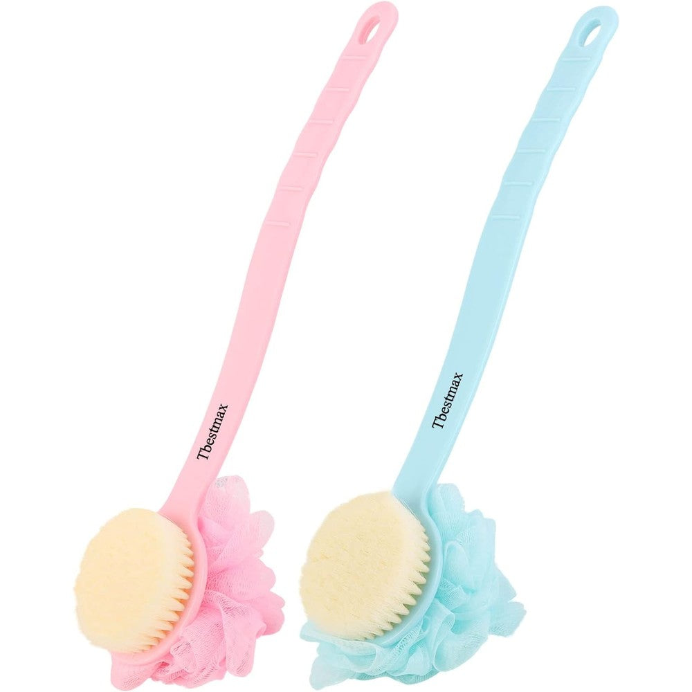 Tbestmax Loofah Back Scrubber Long Handle front view showcasing pink and blue shower brushes