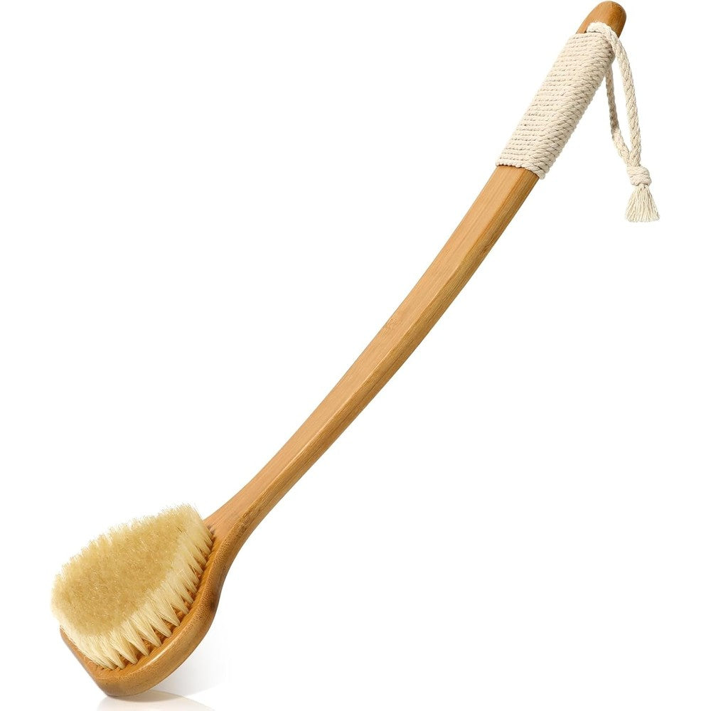 Eaxun bamboo back scrubber with curved long handle front view