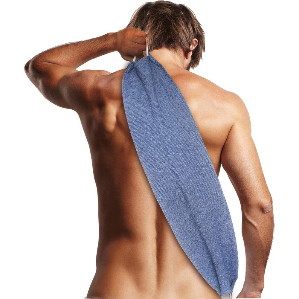 Evridwear exfoliating back scrubber with handles front view showing blue textured fabric