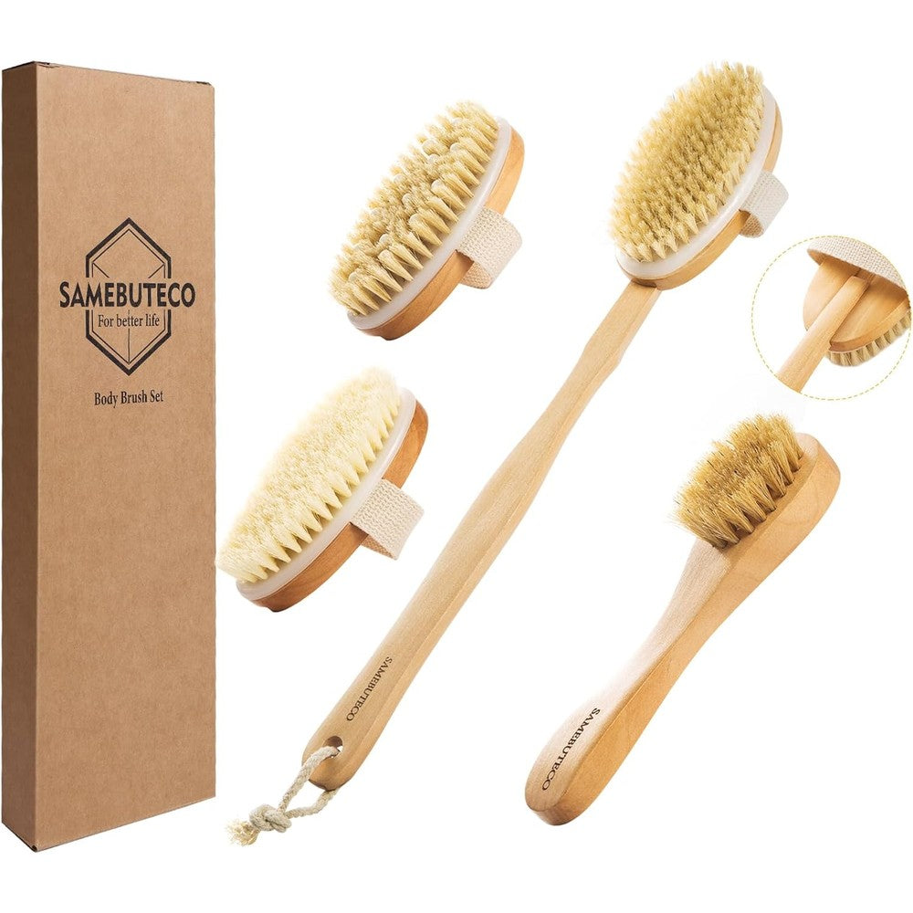 Samebuteco dry brushing body brush set with long handle front view