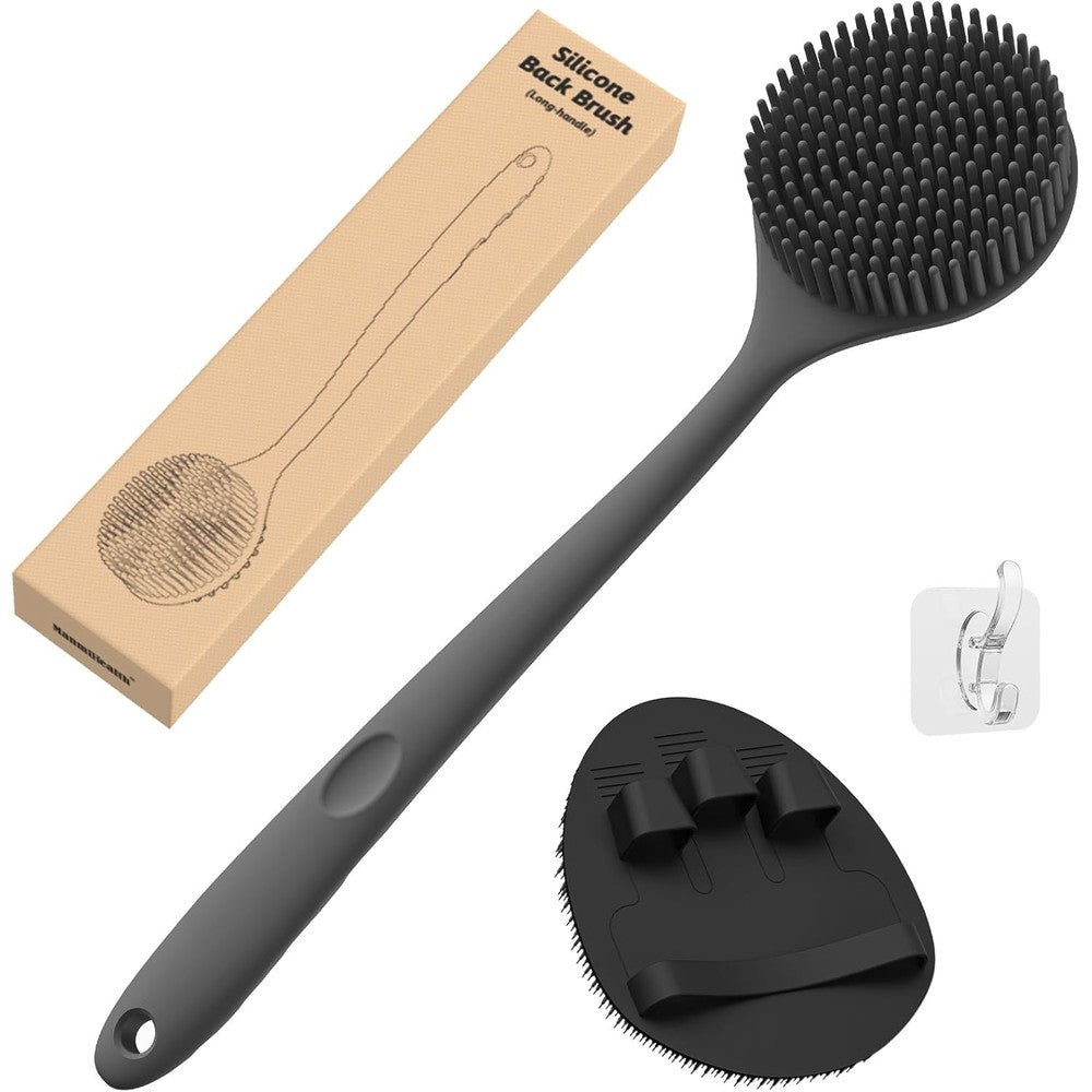 Manmihealth silicone back scrubber black front view showing long handle and thick bristles