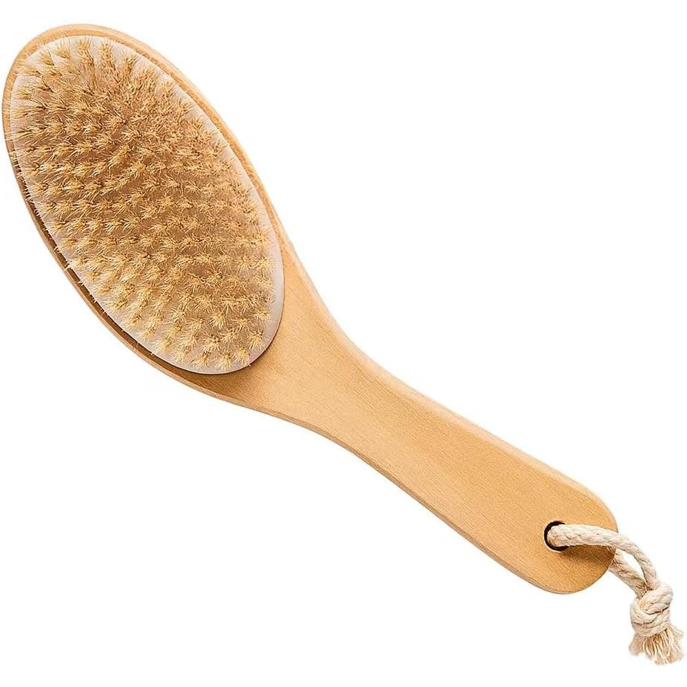 Touch Me natural boar bristle body brush front view showcasing textured bristles and premium contoured wood handle