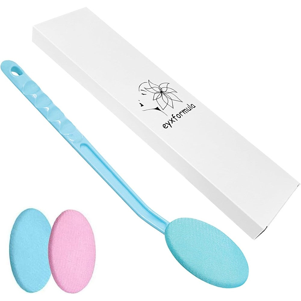 Eyxformula Easy Lotion Applicator front view showing the long curved blue handle and premium white sponge pad attached