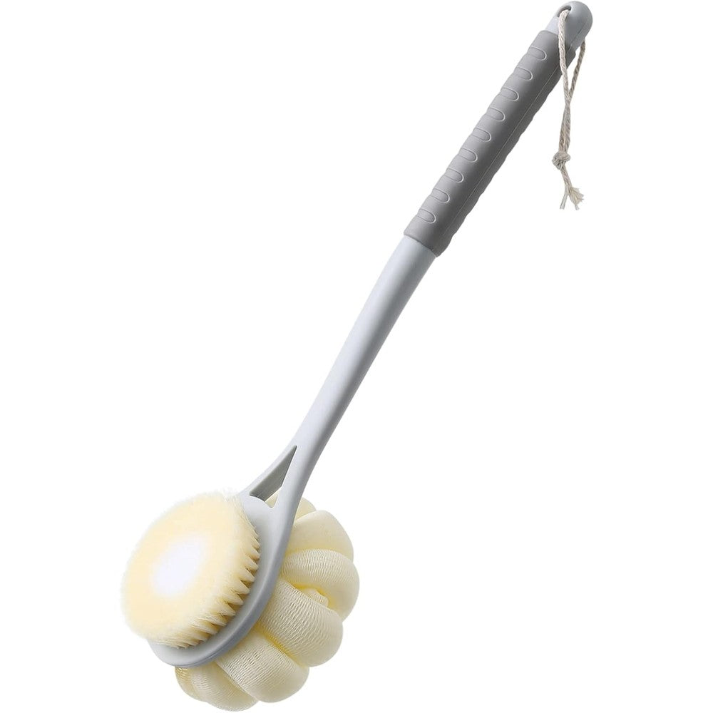 Honoma shower body brush in grey showing the front view of the soft bristles and long handle