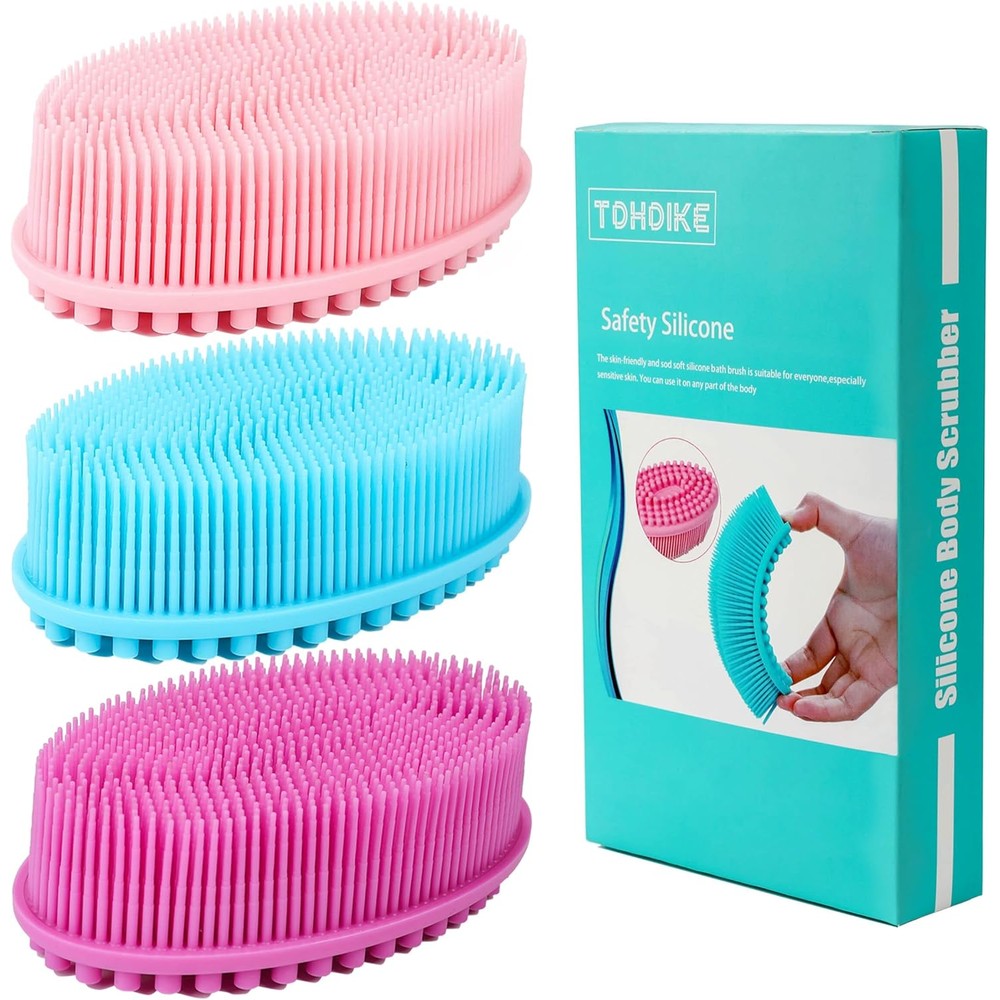 TDHDIKE Silicone Body Scrubber Loofah front view of three pack in pink blue and purple colors