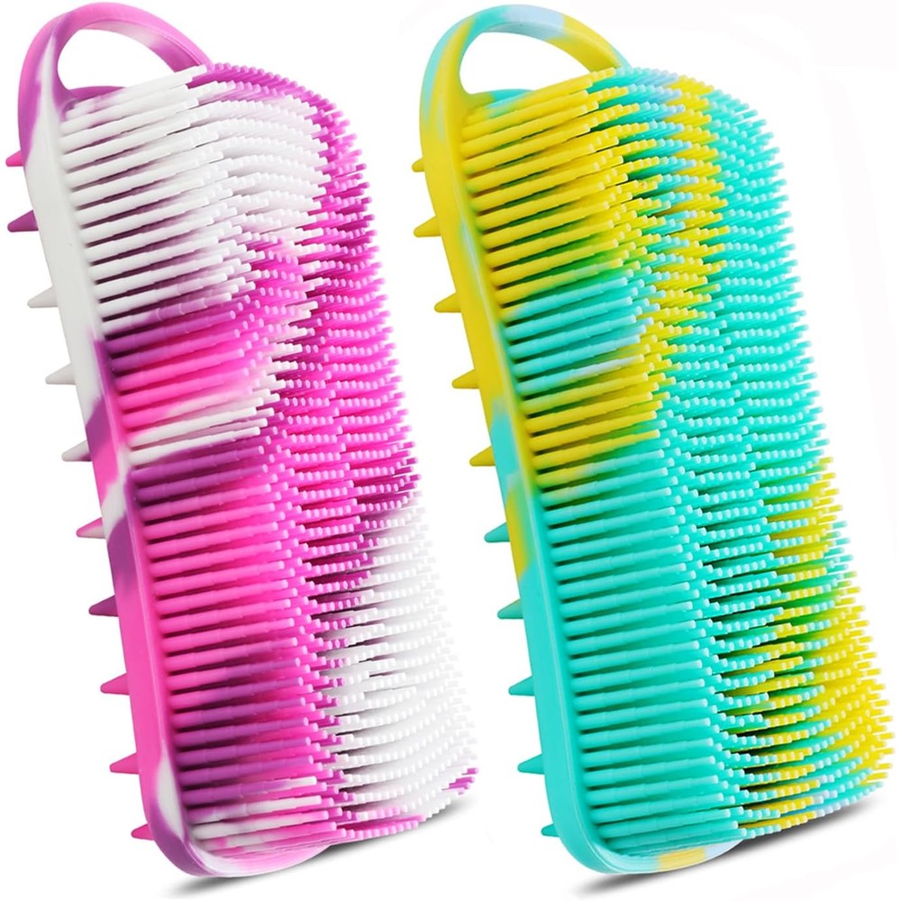 YEALIFE 2PCS Silicone Body Scrubber front view showing purple and green variants