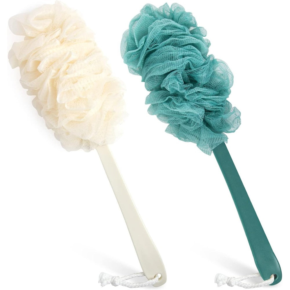 PIPUHA back scrubber for shower front view showing blue and white loofahs on long handles