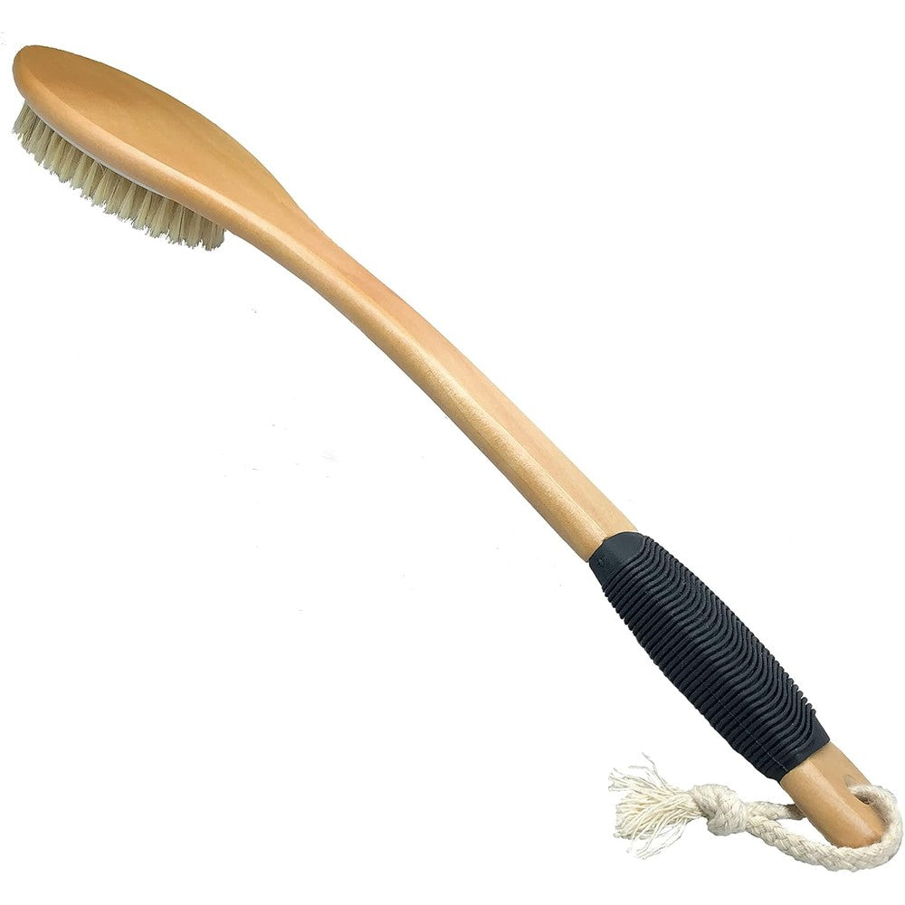 OWIIZI Bath Brush front view showing natural bristles and curved wooden long handle.