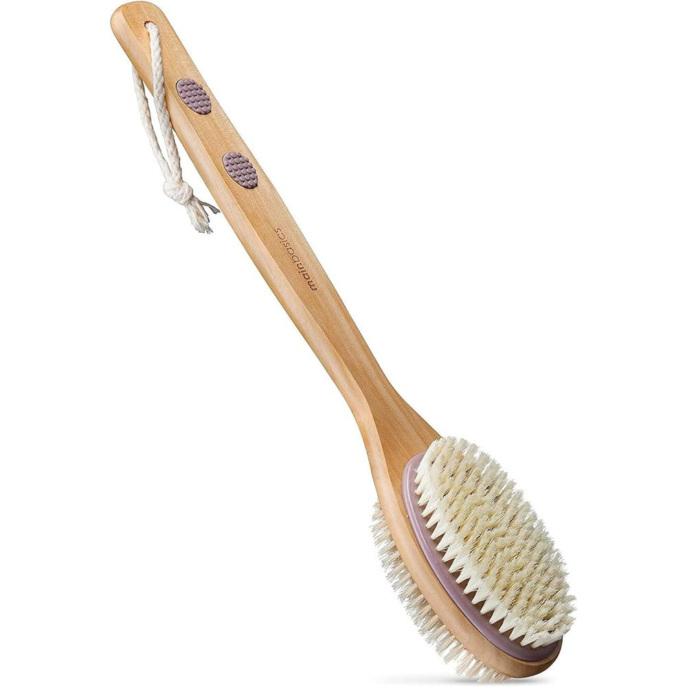 MainBasics back scrubber for shower front view showing the dual sided brush head and long wooden handle.