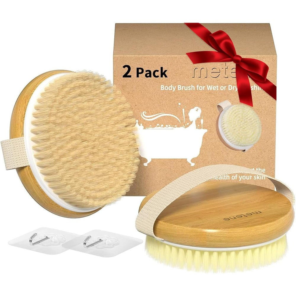 Metene Bamboo Dry Body Brush Pack front view of dual brushes showing soft and stiff bristles