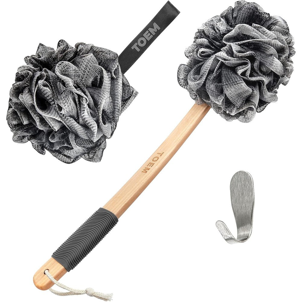 Toem loofah back scrubber front view featuring long handled slate grey charcoal sponge for premium body exfoliation