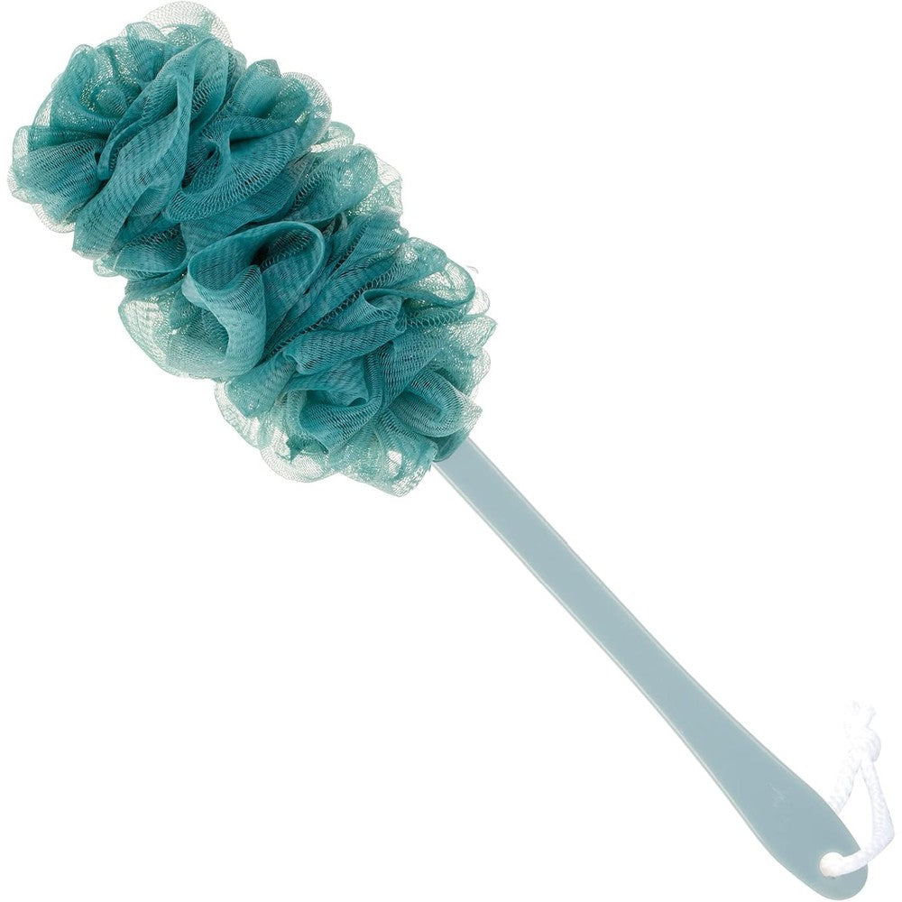 Arswin long handle loofah back scrubber front view turquoise blue shower brush