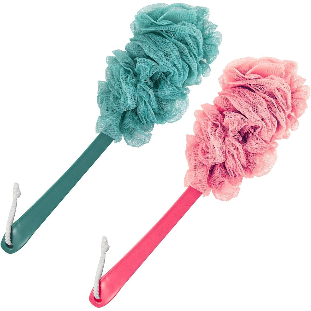 Evmliy long handle back scrubber for shower front view pack of two colorful loofahs