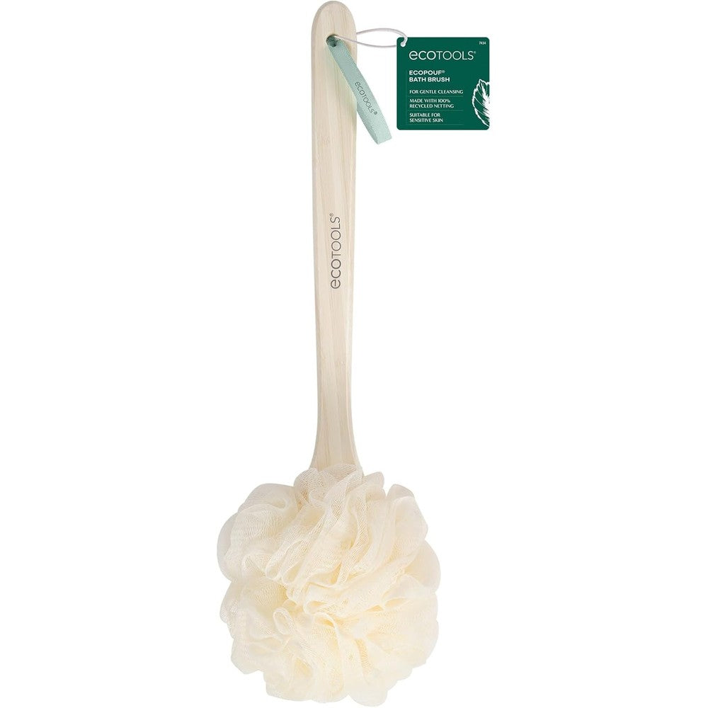 EcoTools EcoPouf Bath Brush front view showing white loofah netting and long bamboo handle.