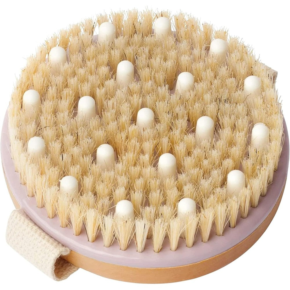 MainBasics dry brushing body brush front view showing natural boar bristles and massage nodes.