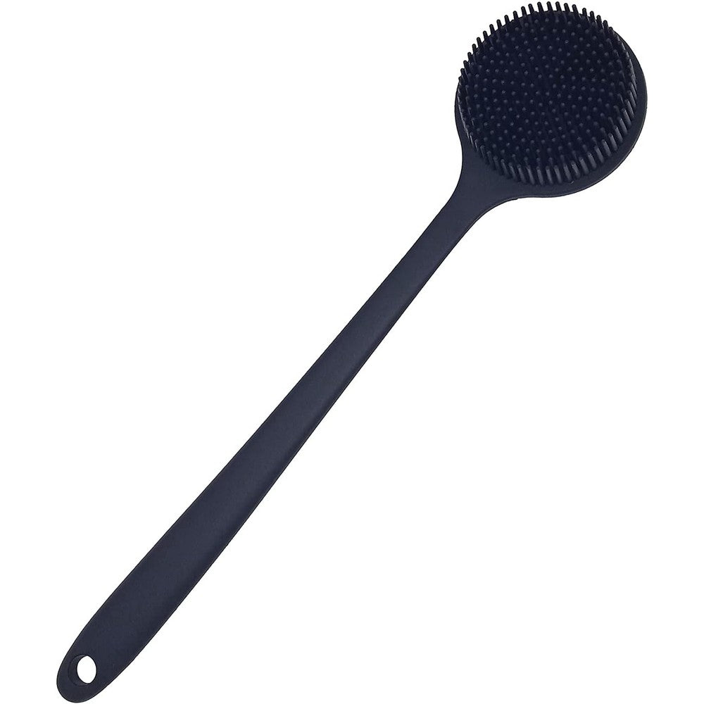 DNC back scrubber for shower front view showing soft black silicone bristles.