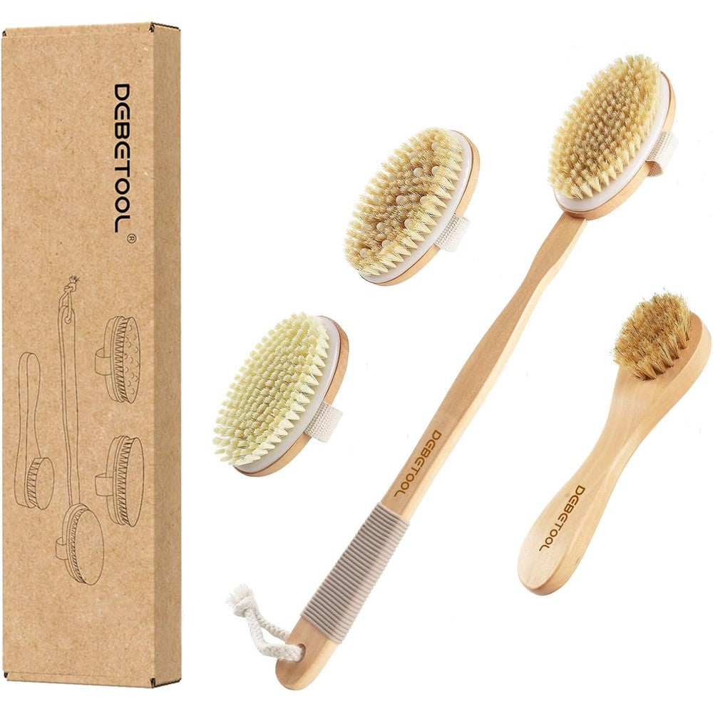 Debetool dry brushing set with long wooden handle and three detachable heads
