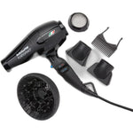 BaBylissPRO Nano Titanium Italian Portofino Hair Dryer front view showcasing the sleek black professional design.