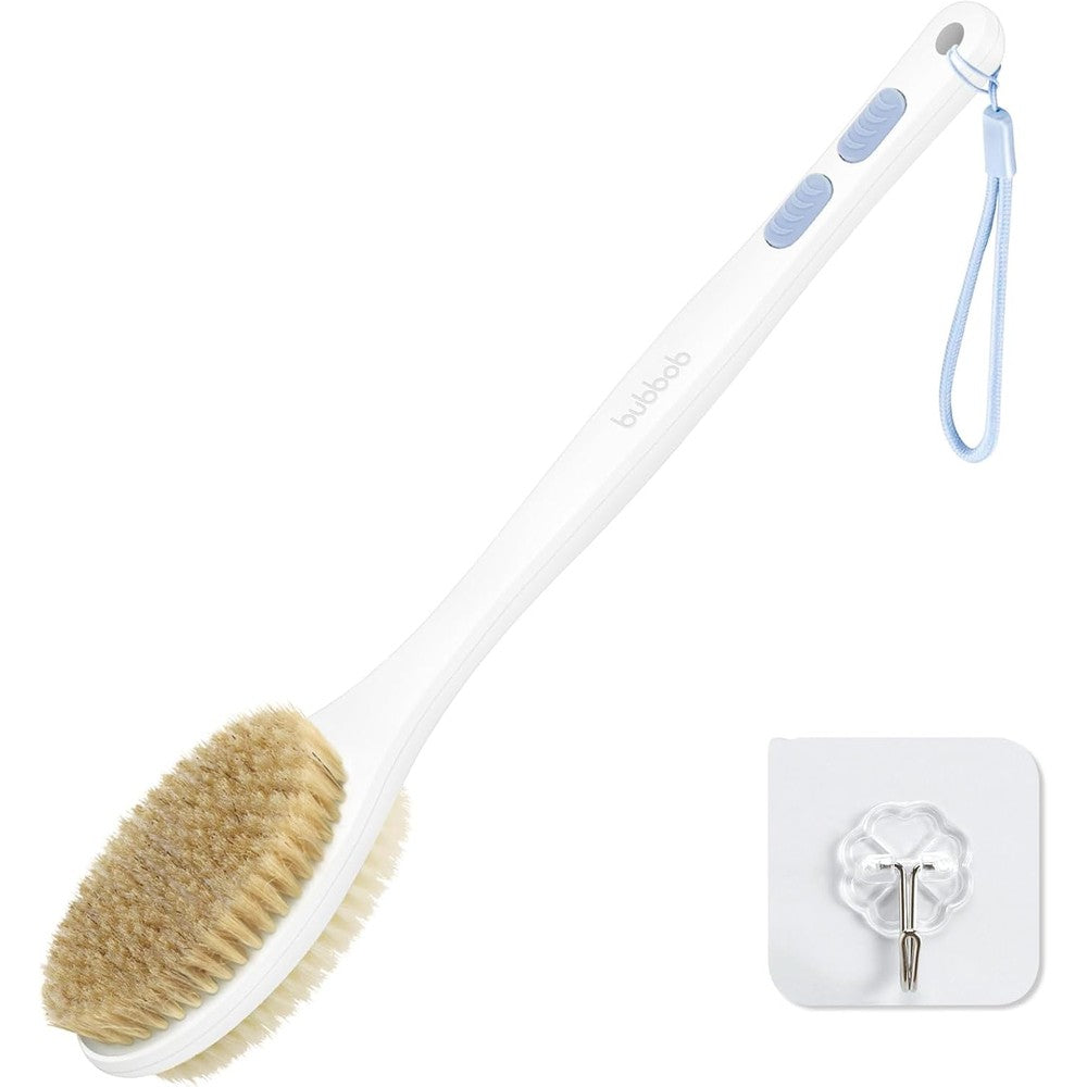 Bubbob back scrubber for shower with blue handle front view