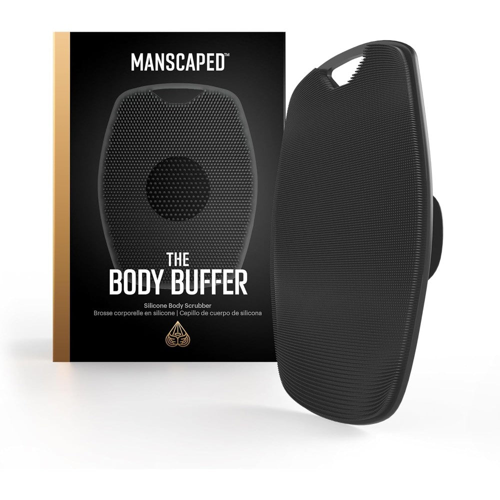 MANSCAPED The Body Buffer premium silicone scrubber front view showing black lather boosting bristles.