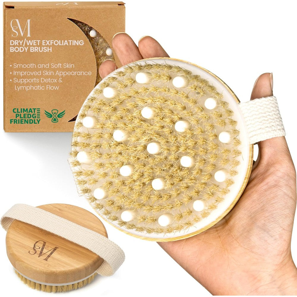 C.S.M. dry brushing body brush front view showing natural boar bristles and integrated massage nodes for exfoliation