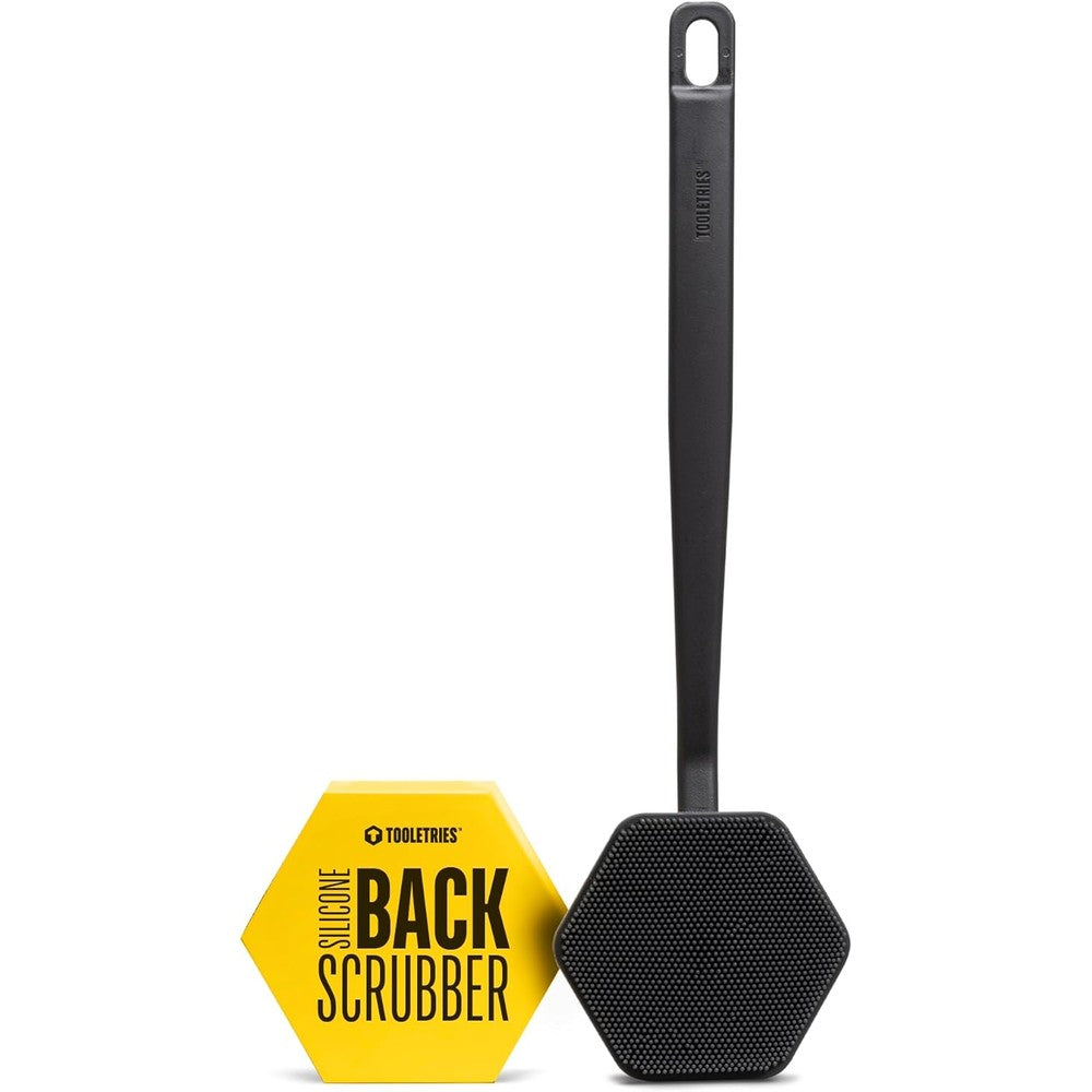 TOOLETRIES silicone back scrubber charcoal front view showing long handle and bespoke bristles