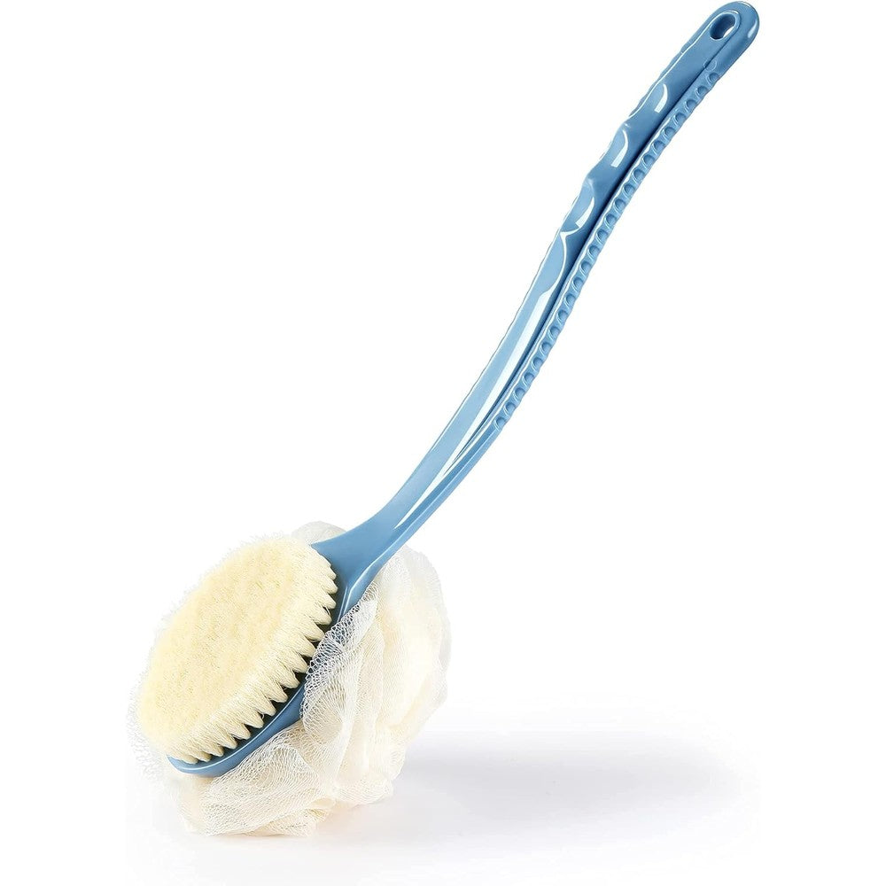 Honoma shower body brush back scrubber front view showcasing blue handle