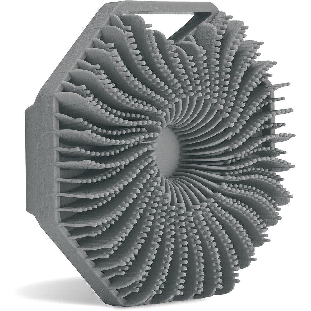 Sud Scrub Antimicrobial Silicone Body Scrubber in charcoal grey front view showcasing exfoliating fins.