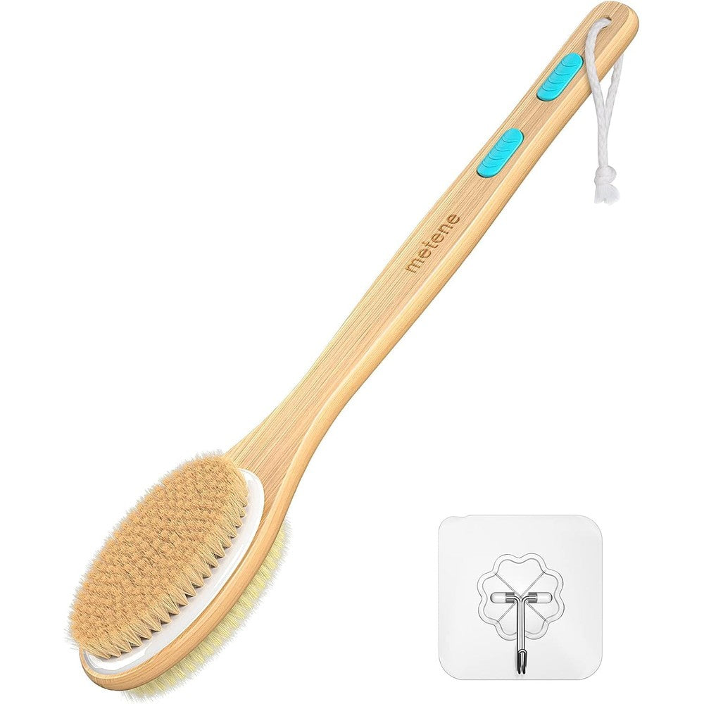 Metene shower brush front view showcasing the natural wood long handle and dual sided brush head for body exfoliation.